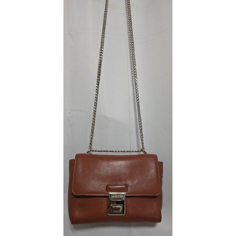 Lancaster Parisienne Gena Brown Leather Crossbody Bag Silver Chain Strap latch